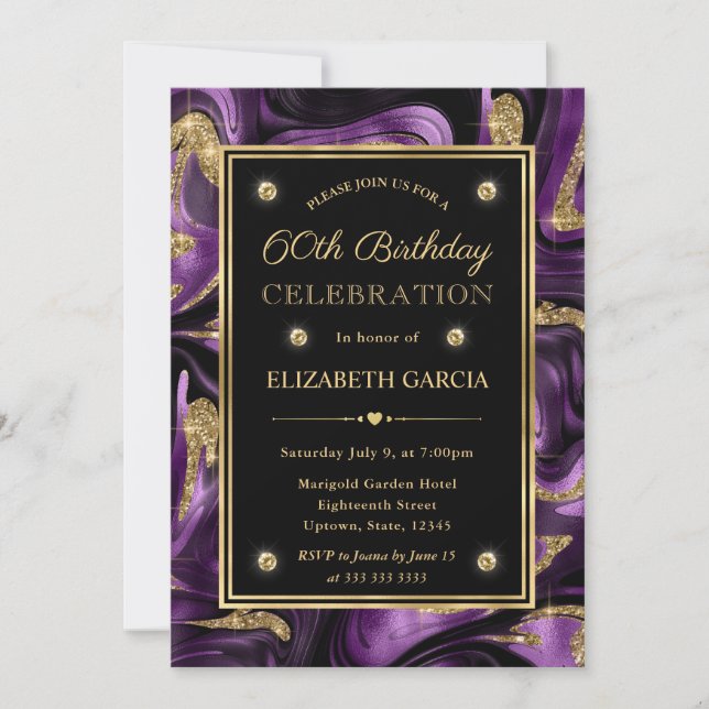 Elegant Molten Purple & Gold Glitter 60th Birthday Invitation (Front)
