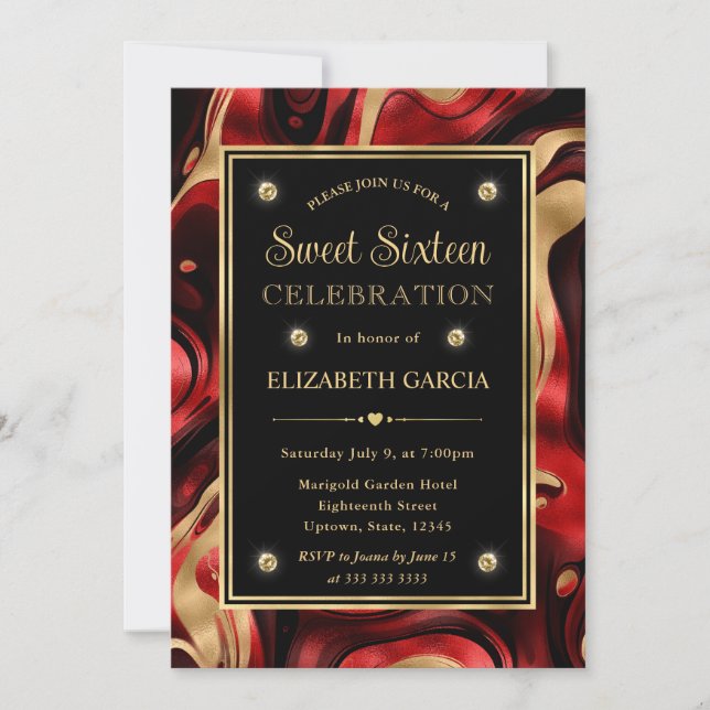 Elegant Molten Red and Gold foil Sweet 16 Invitation (Front)