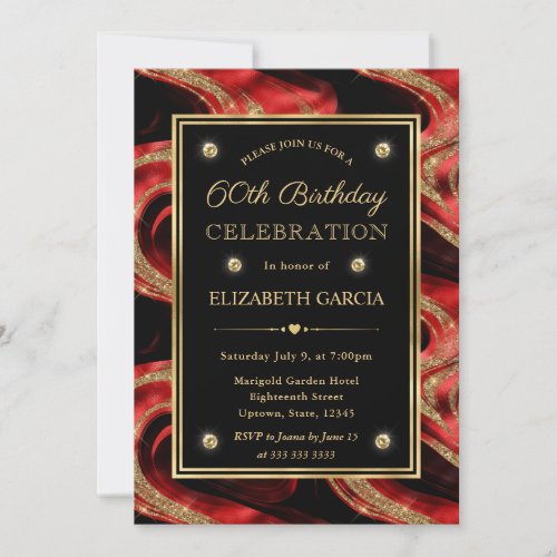 Elegant Molten Red and Gold Glitter 60th Birthday Invitation