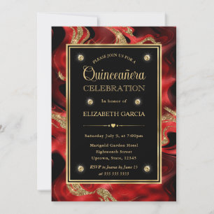 Elegant Molten Red and Gold Glitter Quinceanera Invitation