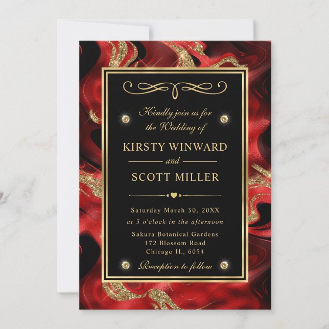 Elegant Molten Red and Gold Glitter Wedding Invitation (Front)