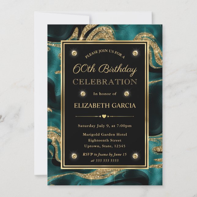 Elegant Molten Teal and Gold Glitter 60th Birthday Invitation (Front)