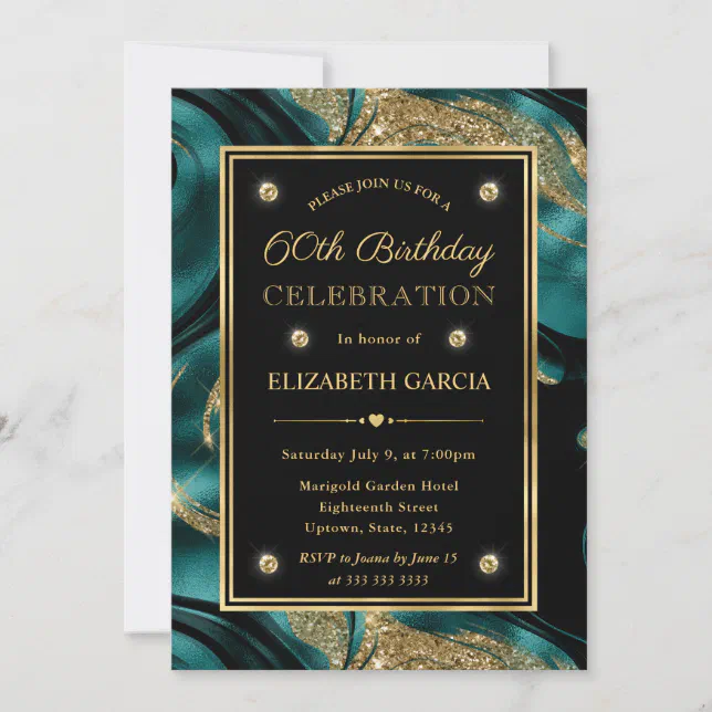 Elegant Molten Teal and Gold Glitter 60th Birthday Invitation | Zazzle