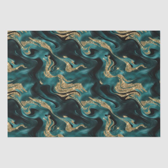 Elegant Molten Teal and Gold Glitter Birthday Tissue Paper (Front)