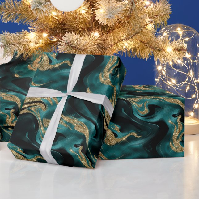 Elegant Molten Teal and Gold Glitter Birthday Wrapping Paper (Holidays)