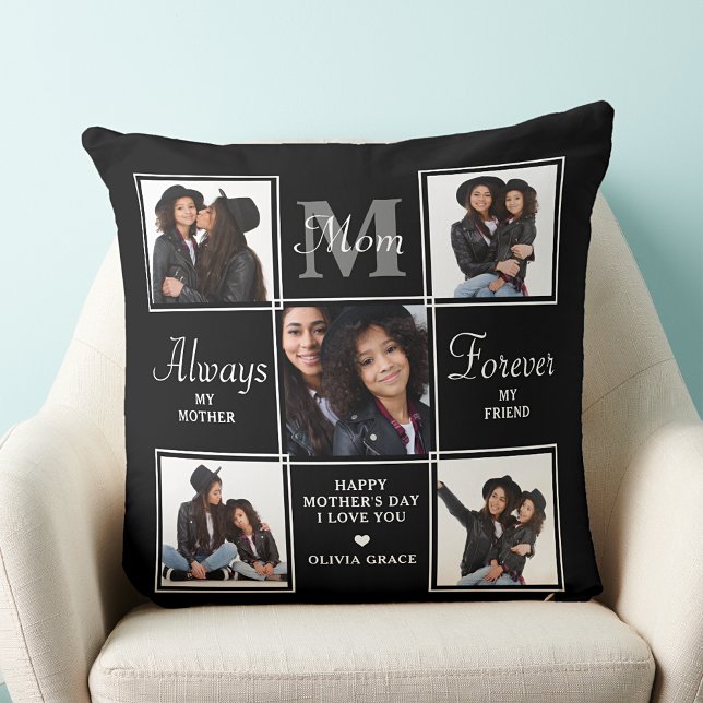 Elegant MOM 5 Photo Collage Monogram Unique Mom Throw Pillow (Creator Uploaded)