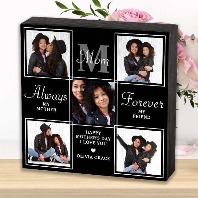 Elegant MOM 5 Photo Collage Monogram Unique Mom Wooden Box Sign (Creator Uploaded)