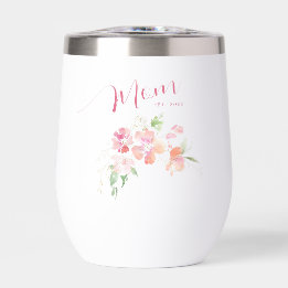 Elegant Mom Est Year Blush Pink Floral Watercolor Thermal Wine Tumbler