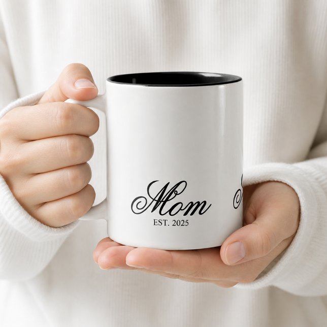 Elegant Mom Established Year Black Script Two-Tone Coffee Mug (Elegant Mom Established Year Black Script Two-Tone Coffee Mug)