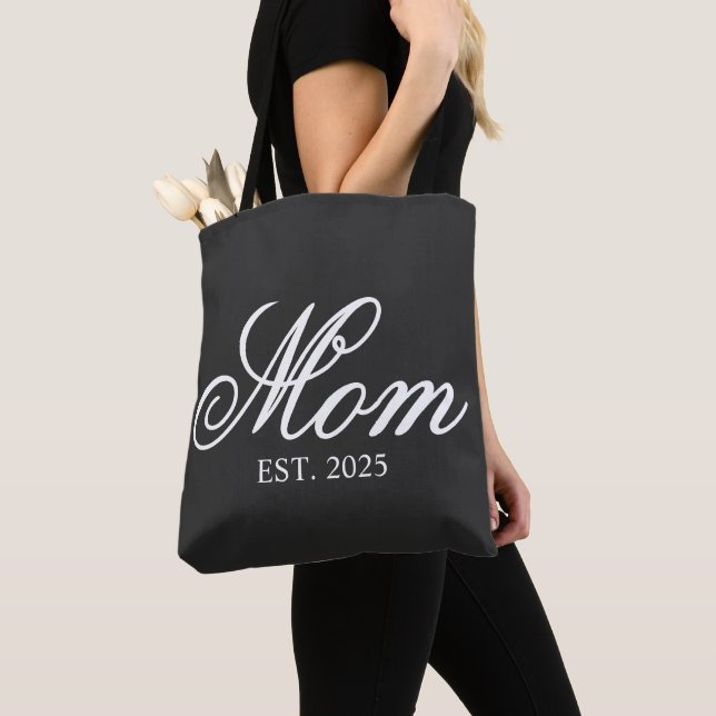 Elegant Mom Established Year White Script Tote Bag (Close Up)