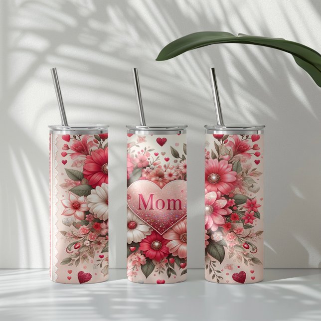 Elegant Mom in Heart Surrounded by Pink Flowers Thermal Tumbler (Creator Uploaded)