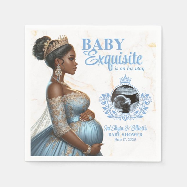 Elegant Mom to be Blue & Gold Royal Baby Shower Napkins (Front)