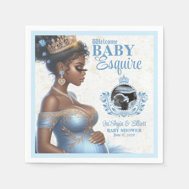 Elegant Mom to be Blue & Gold Royal Baby Shower Napkins (Front)