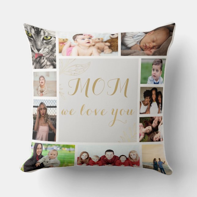 Elegant Mom We Love You Gold Photo Collage Throw Pillow (Front)