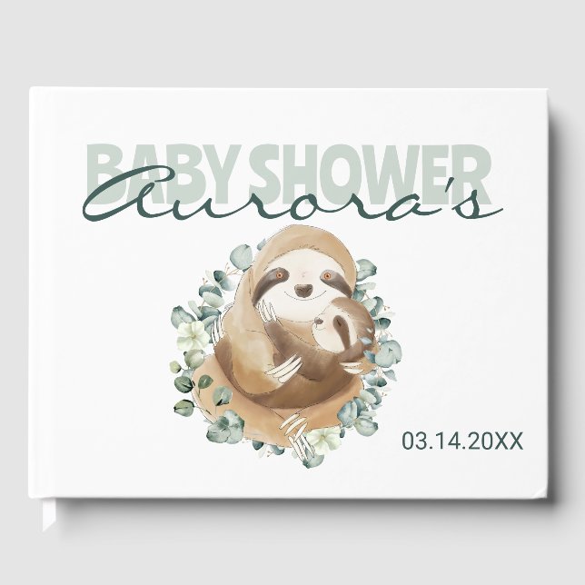 Elegant Mommy Baby Sloth Greenery Baby Shower Gues Guest Book (Front)