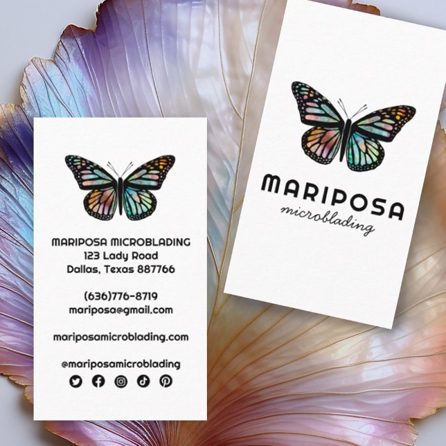 Elegant Monarch Butterfly Esthetician Beauty Salon Business Card (Beautiful watercolor butterfly on this custom business card with social media icons)