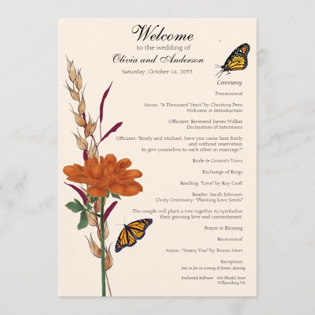 Elegant Monarch Butterfly Fall Floral Wedding Program (Front)