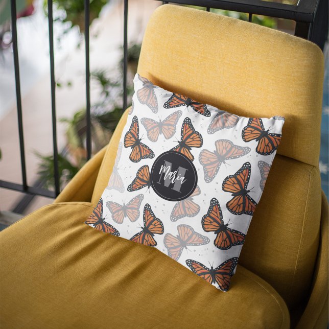 Elegant Monarch Butterfly Monogram Minimalist  Throw Pillow (Elegant monarch butterfly monogram throw pillow with personalized nature design.)