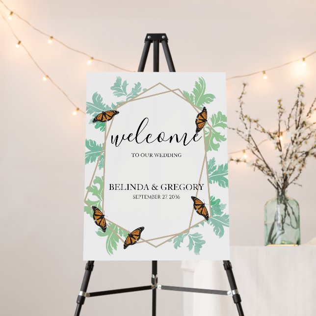 Elegant Monarch Butterfly Wedding Welcome Sign (In Situ (Stand))