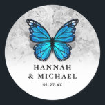 Elegant Monarch Template Blue Butterfly Wedding Classic Round Sticker<br><div class="desc">Note: The butterfly can be changed to any color of the rainbow on this elegant unique DIY template. Create your own stickers for any magical celebration where these garden beauties bring joy. The original art by Raphaela Wilson showcases a large 3D monarch butterfly in blue watercolor, but this color can...</div>