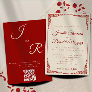 Elegant Monochromatic Ruby Red QR Code Wedding Invitation
