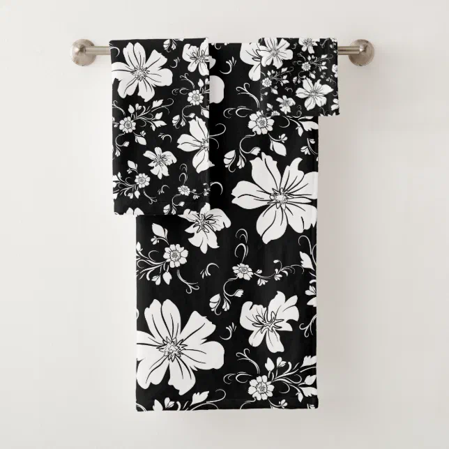 elegant monochrome floral pattern black white bath towel set | Zazzle