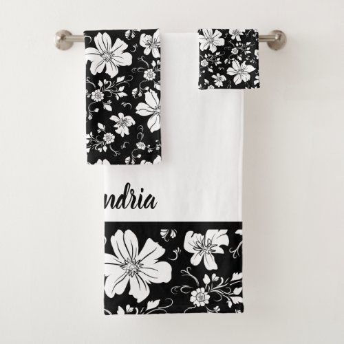 elegant monochrome floral pattern black white bath towel set