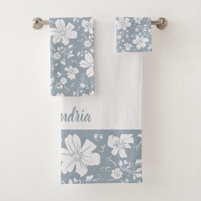 elegant monochrome floral pattern blue grey bath towel set (Insitu)