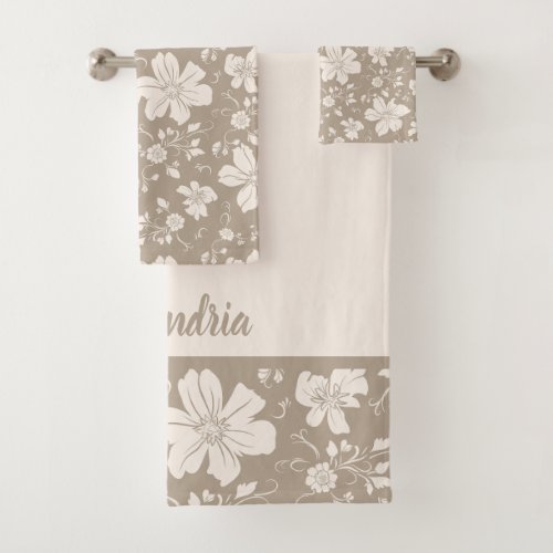 elegant monochrome floral pattern taupe bath towel set