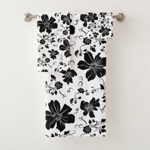elegant monochrome floral pattern white black bath towel set