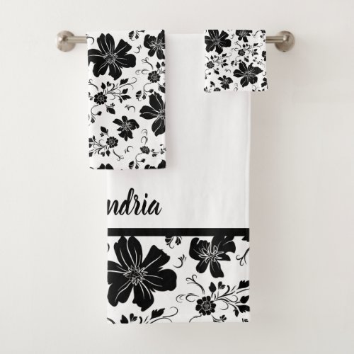 elegant monochrome floral pattern white black bath towel set