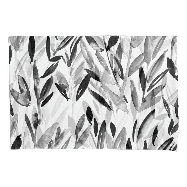 Elegant Monochrome: Natural Leaves Pattern Pillow Case (Front)