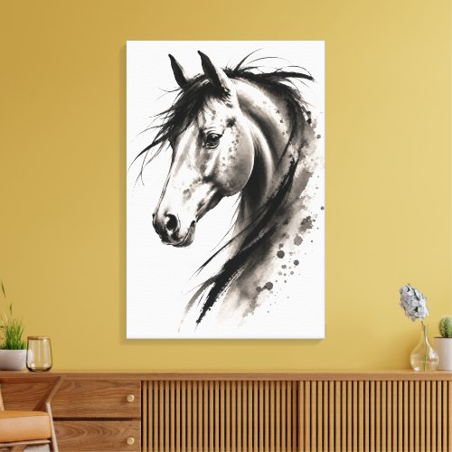 Elegant Monochrome Sumi-e Horse Portrait Canvas Print