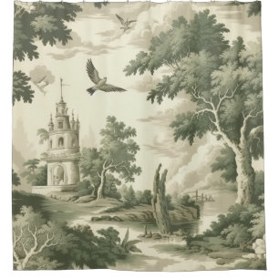 Elegant Monochrome Toile - Village & Balloon Shower Curtain