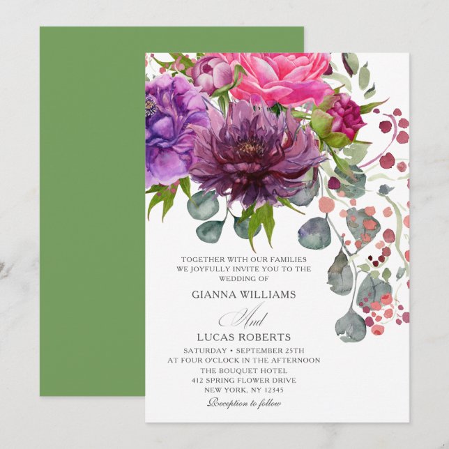 Elegant Monochrome Watercolor Floral Wedding Invitation (Front/Back)