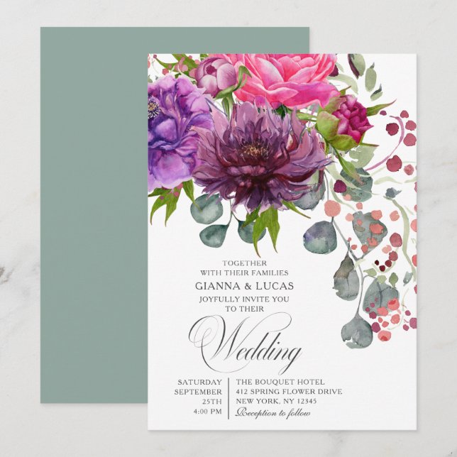 Elegant Monochrome Watercolor Floral Wedding Invitation (Front/Back)