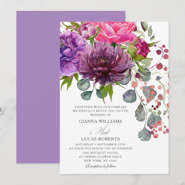 Elegant Monochrome Watercolor Floral Wedding Invitation (Front/Back)