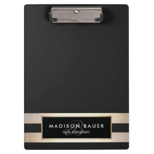 Elegant Monogam Striped Black and FAUX Gold Foil Clipboard
