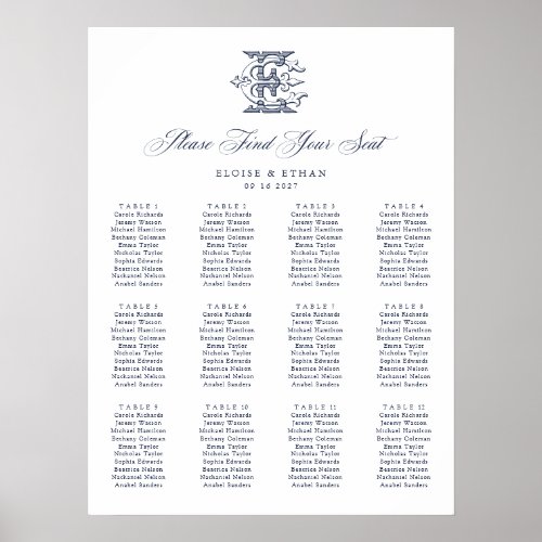 Elegant Monogram 12 Table Wedding Seating Chart