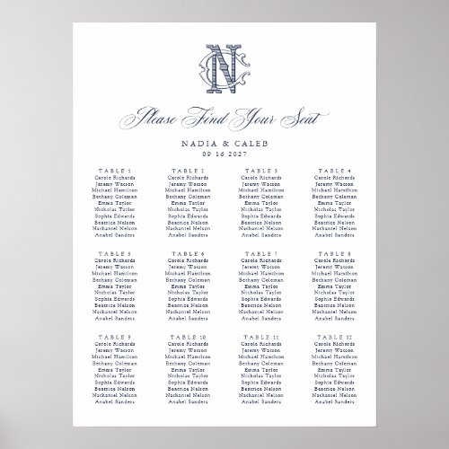 Elegant Monogram 12 Table Wedding Seating Chart