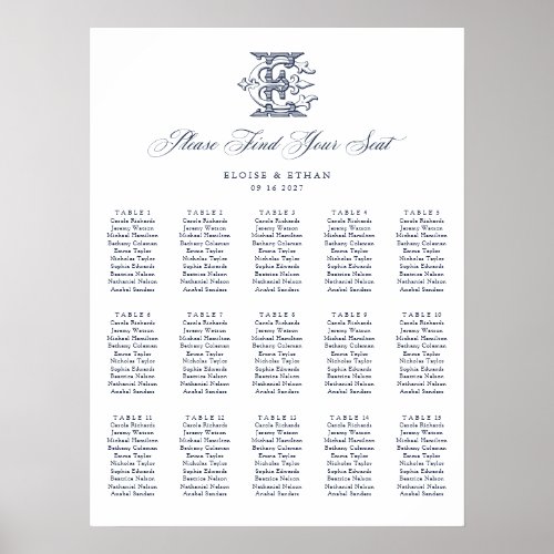 Elegant Monogram 15 Table Wedding Seating Chart