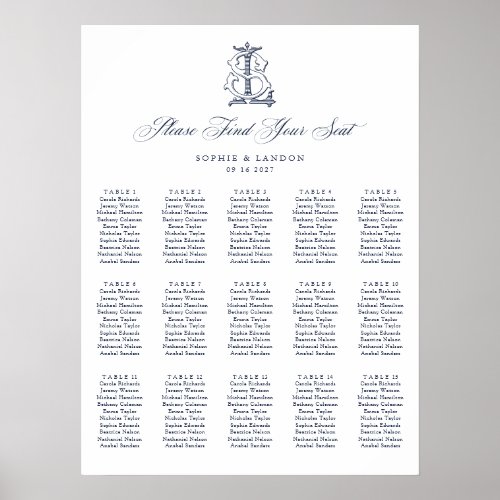 Elegant Monogram 15 Table Wedding Seating Chart