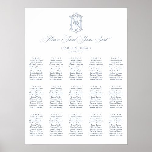 Elegant Monogram 15 Table Wedding Seating Chart