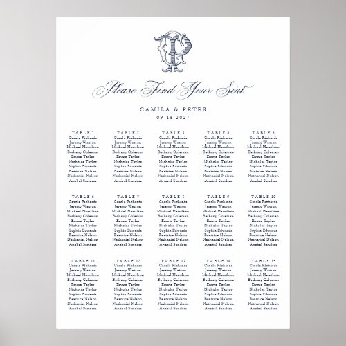 Elegant Monogram 15 Table Wedding Seating Chart