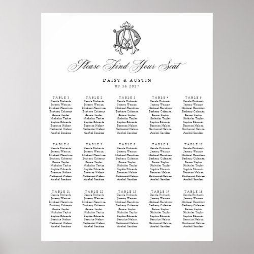 Elegant Monogram 15 Table Wedding Seating Chart