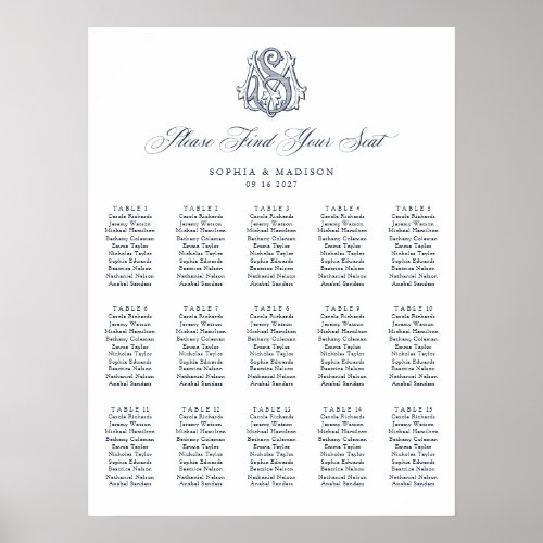 Elegant Monogram 15 Table Wedding Seating Chart