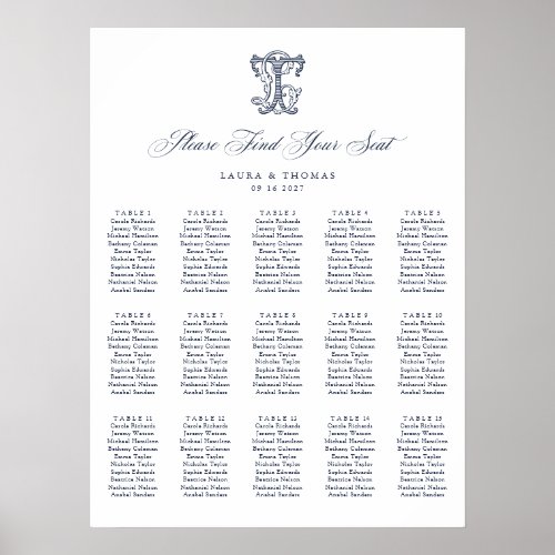 Elegant Monogram 15 Table Wedding Seating Chart