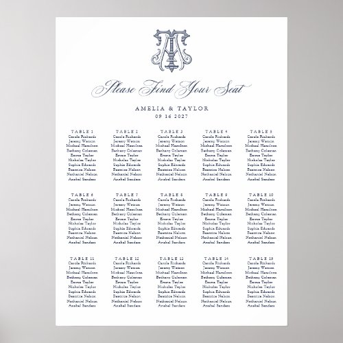 Elegant Monogram 15 Table Wedding Seating Chart