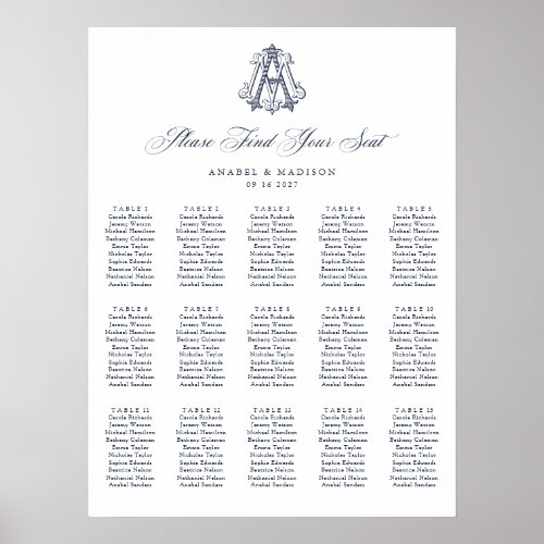 Elegant Monogram 15 Table Wedding Seating Chart