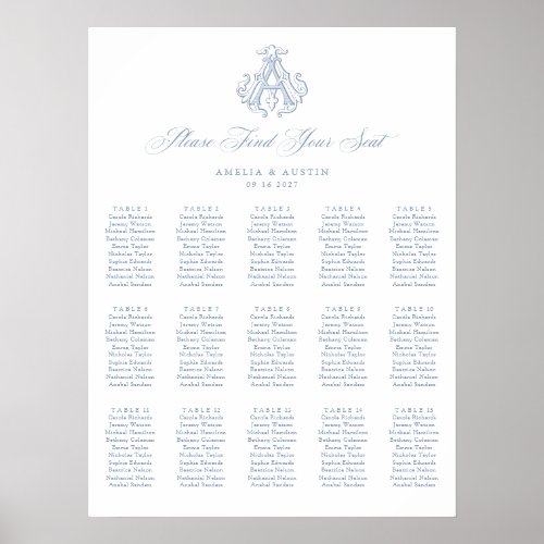 Elegant Monogram 15 Table Wedding Seating Chart